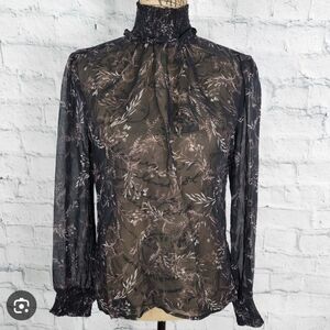 Ecru Silk floral Black sheer women's top Size Medium $194 Msrp